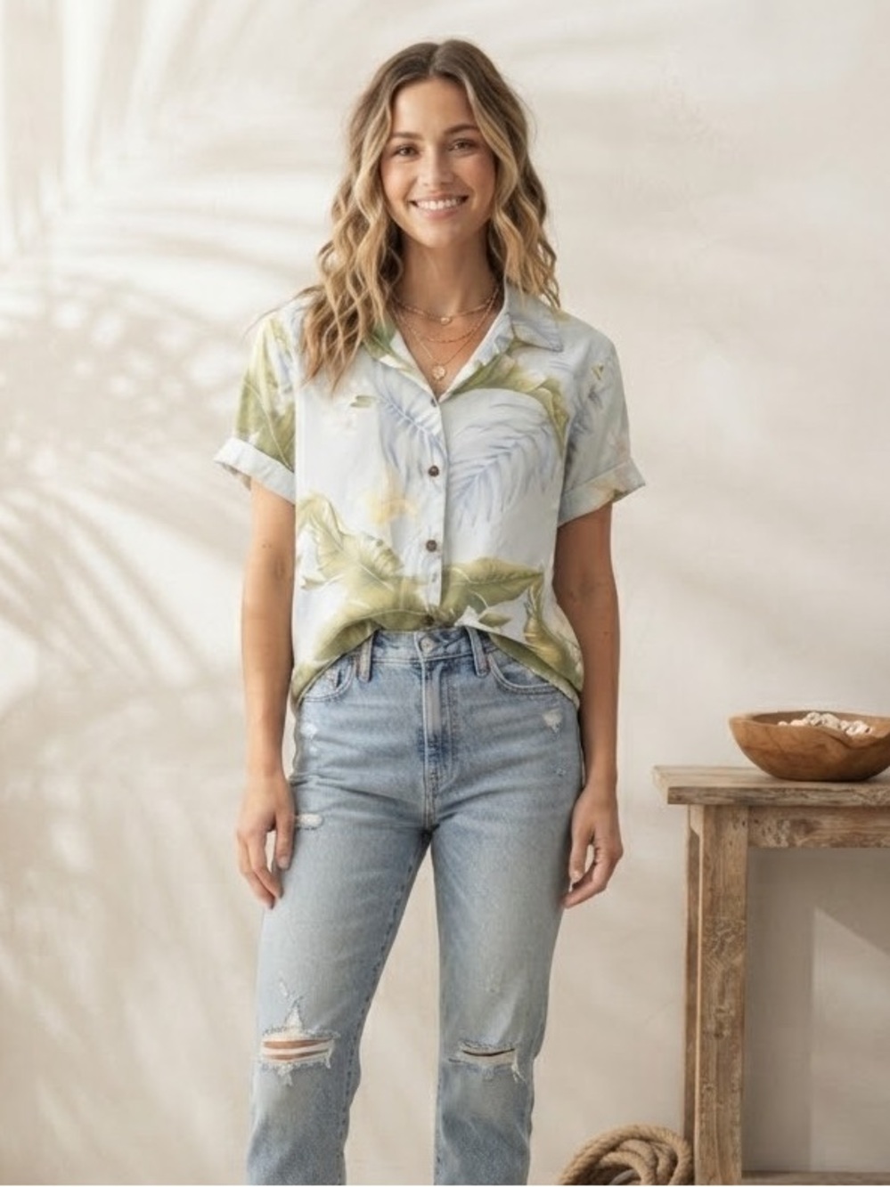 HO ALOHA Vintage Hawaiian 100% Cotton Botanical Floral Aloha Shirt | Light Blue